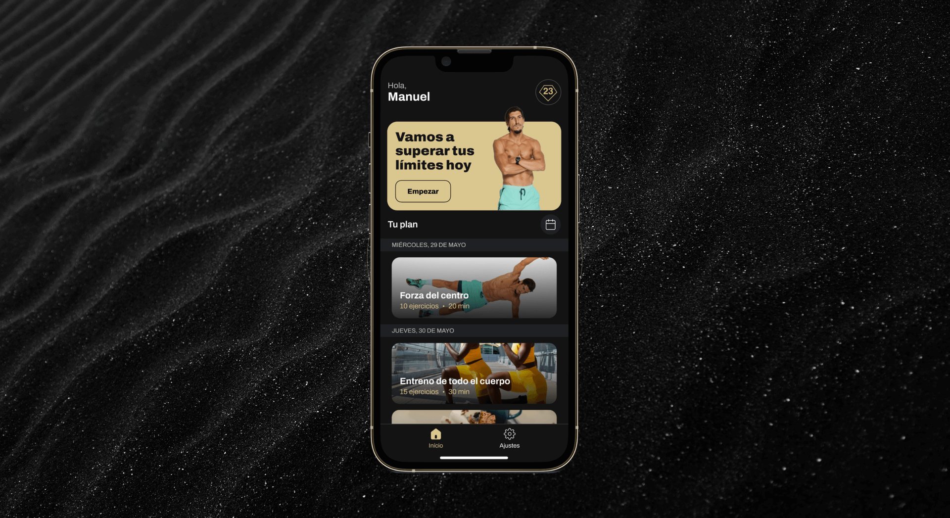 Main screen of the 23TopTraining mobile app with direct access to training plans.
