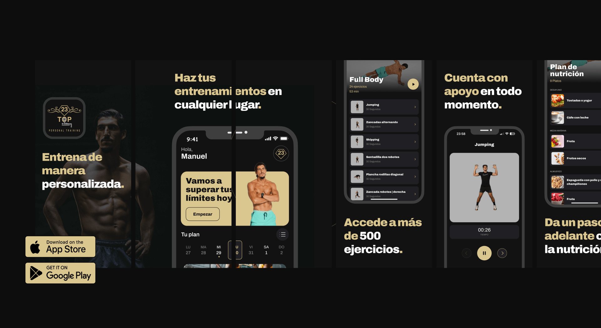 App Store and Google Play screens for 23TopTraining