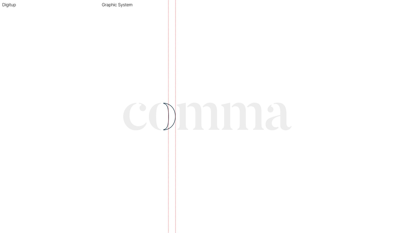 Construction of the comma wordmark with the deconstructed mark and guides.