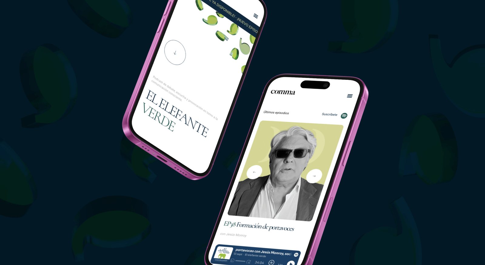 Two phones with The Green Elephant podcast: header and episodes.