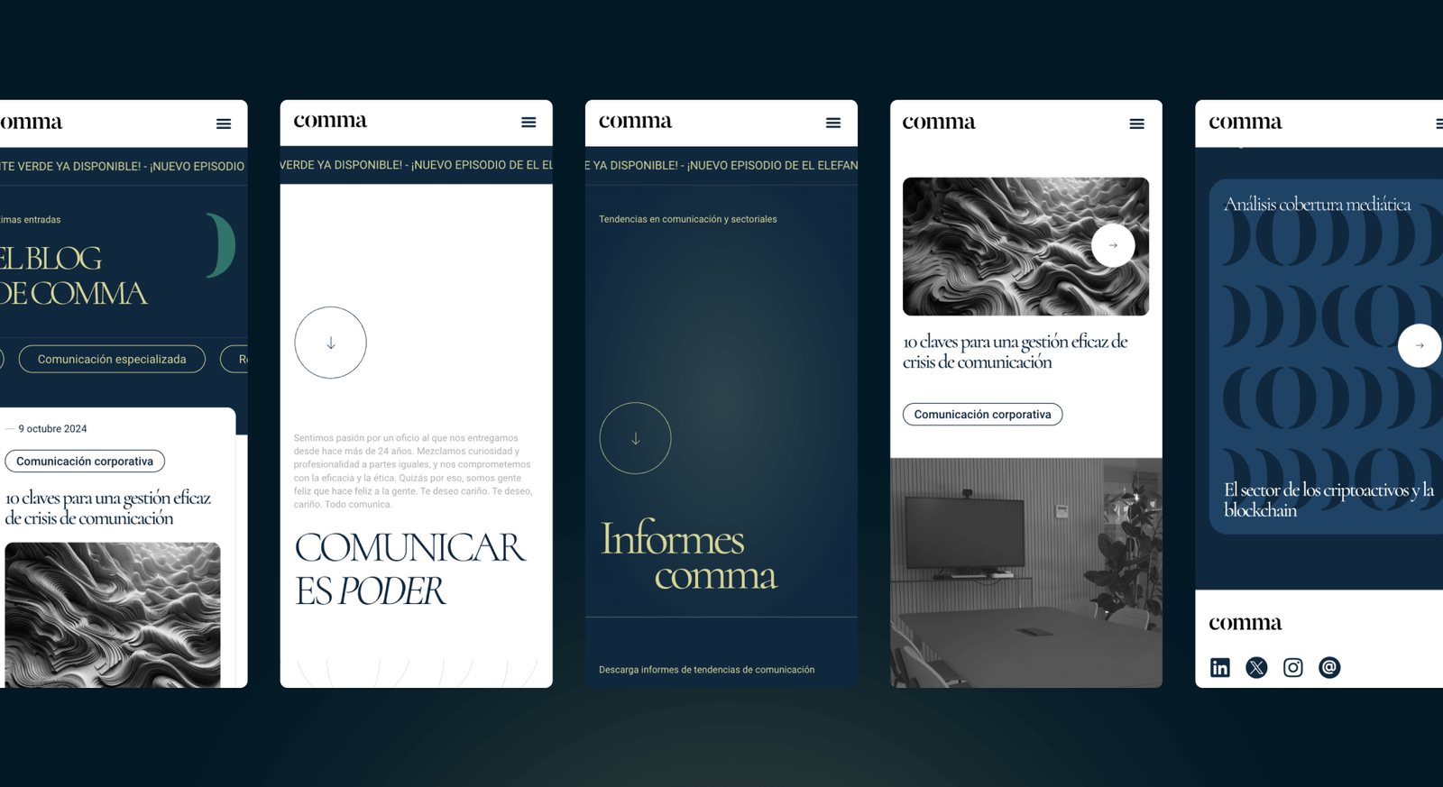 Five Comma mobile screens: blog, manifesto, reports and footer.