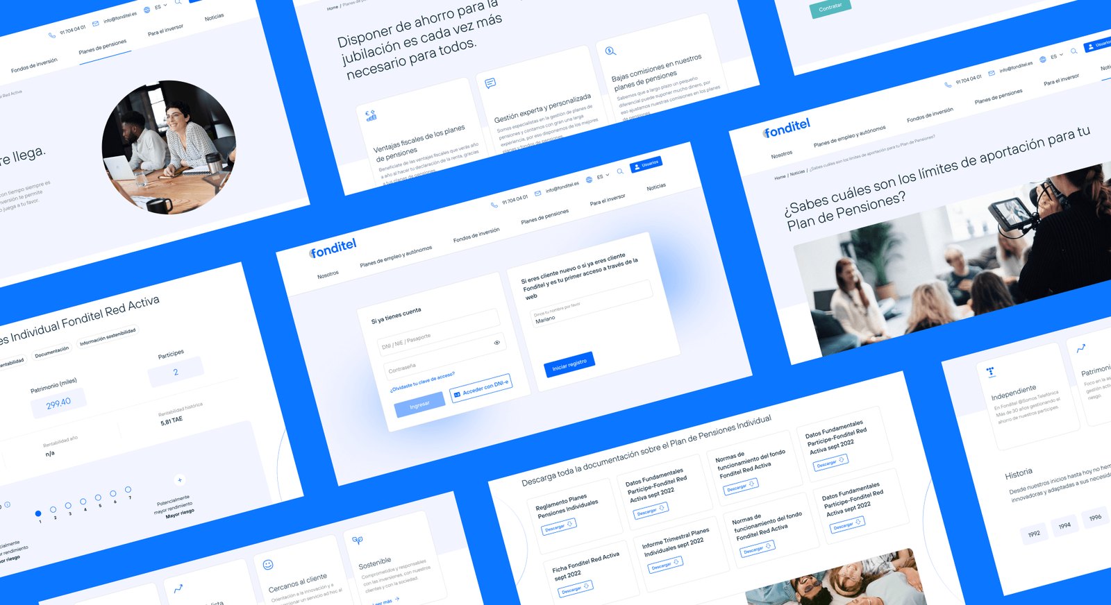 Композиция сайта Fonditel: вход, документы, история и контент.