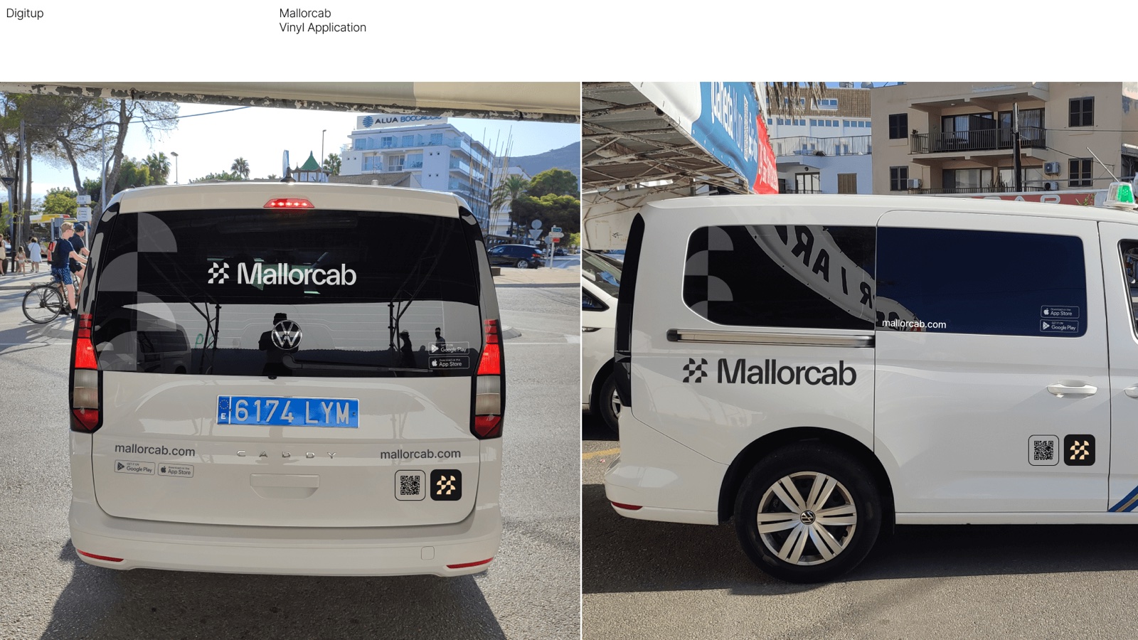 Фургон с винилом Mallorcab: логотип, сайт и коды для скачивания приложения.