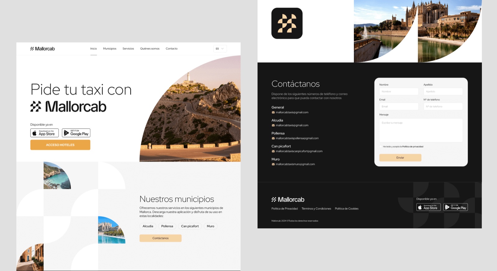 Композиция сайта Mallorcab: герой, муниципалитеты и форма контакта.