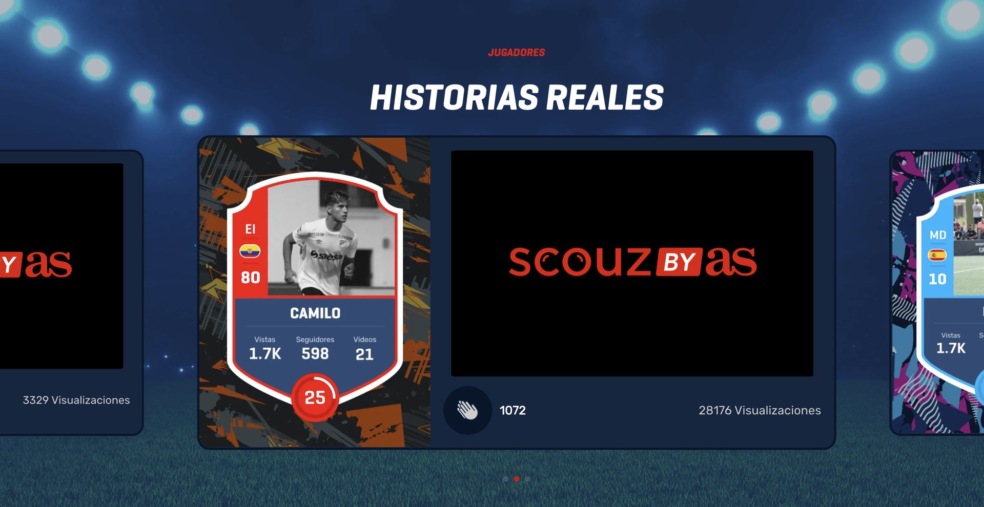 Scouz screen showing real player stories with profile stats and views.