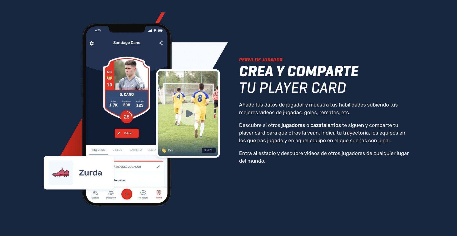 Scouz player profile screen showing the option to create and share a player card with videos and stats.