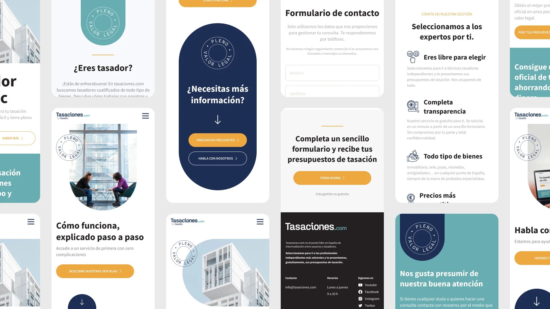 Screenshots of the official Tasaciones.com website and web app in responsive format, showing homepage, forms, banners and explanatory sections.