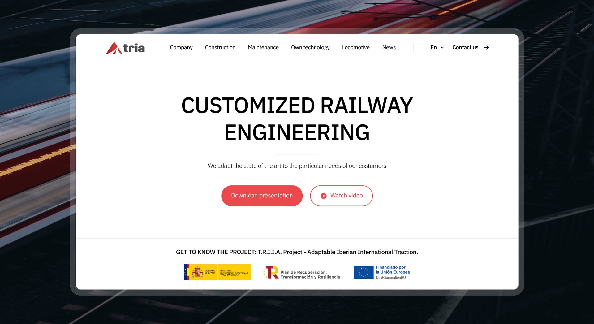 Main hero of the Tria Ingeniería homepage highlighting tailored railway engineering.