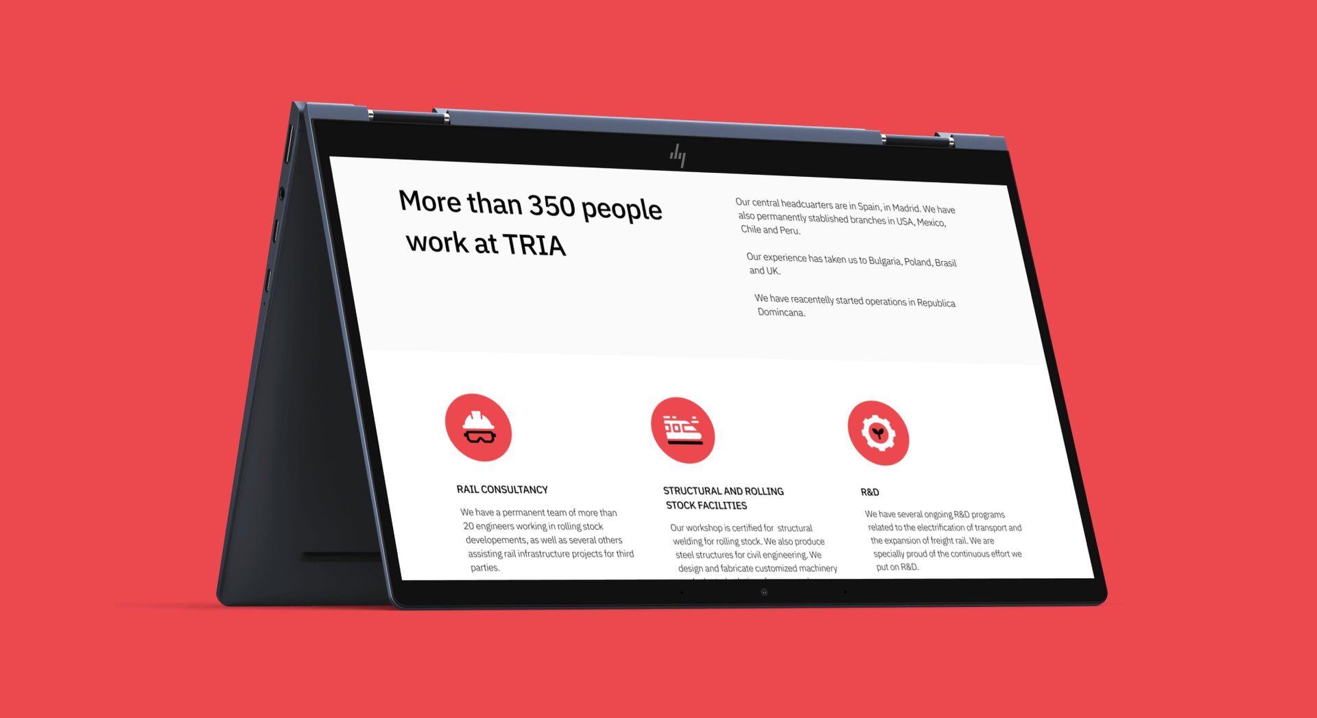 Tria Ingeniería About Us screen presenting the team and global presence.