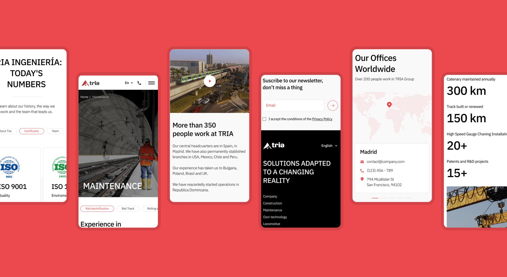 Responsive Tria Ingeniería screens showing sections such as maintenance, global offices and key metrics.