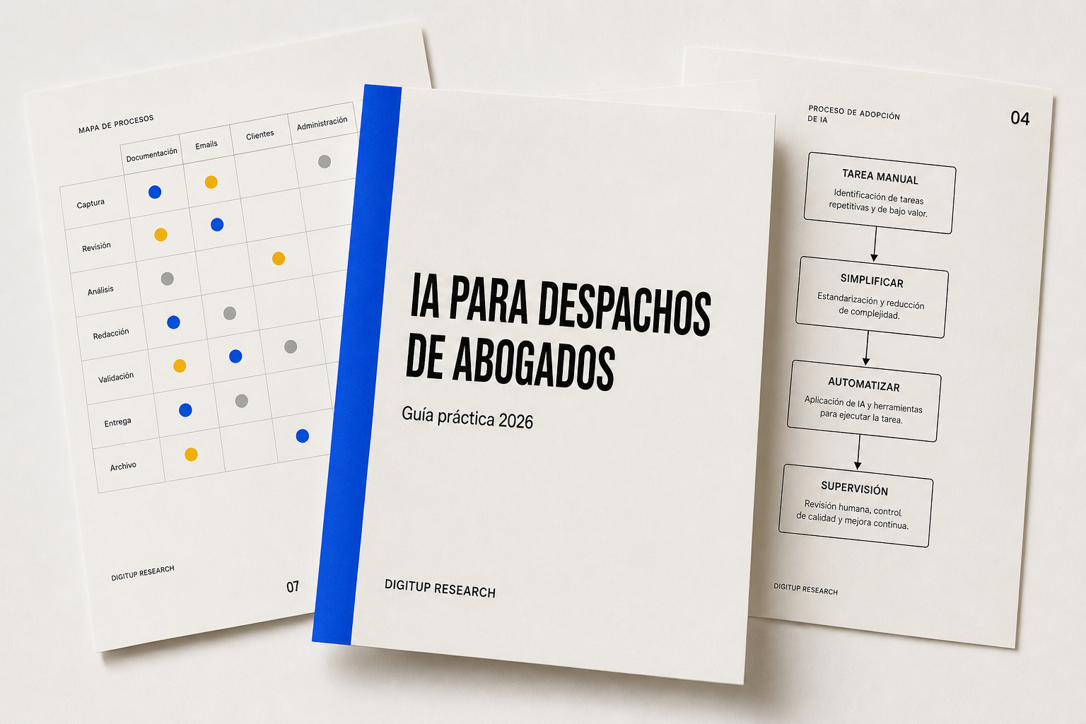 Mockup del informe IA para despachos de abogados, con la portada y páginas interiores superpuestas