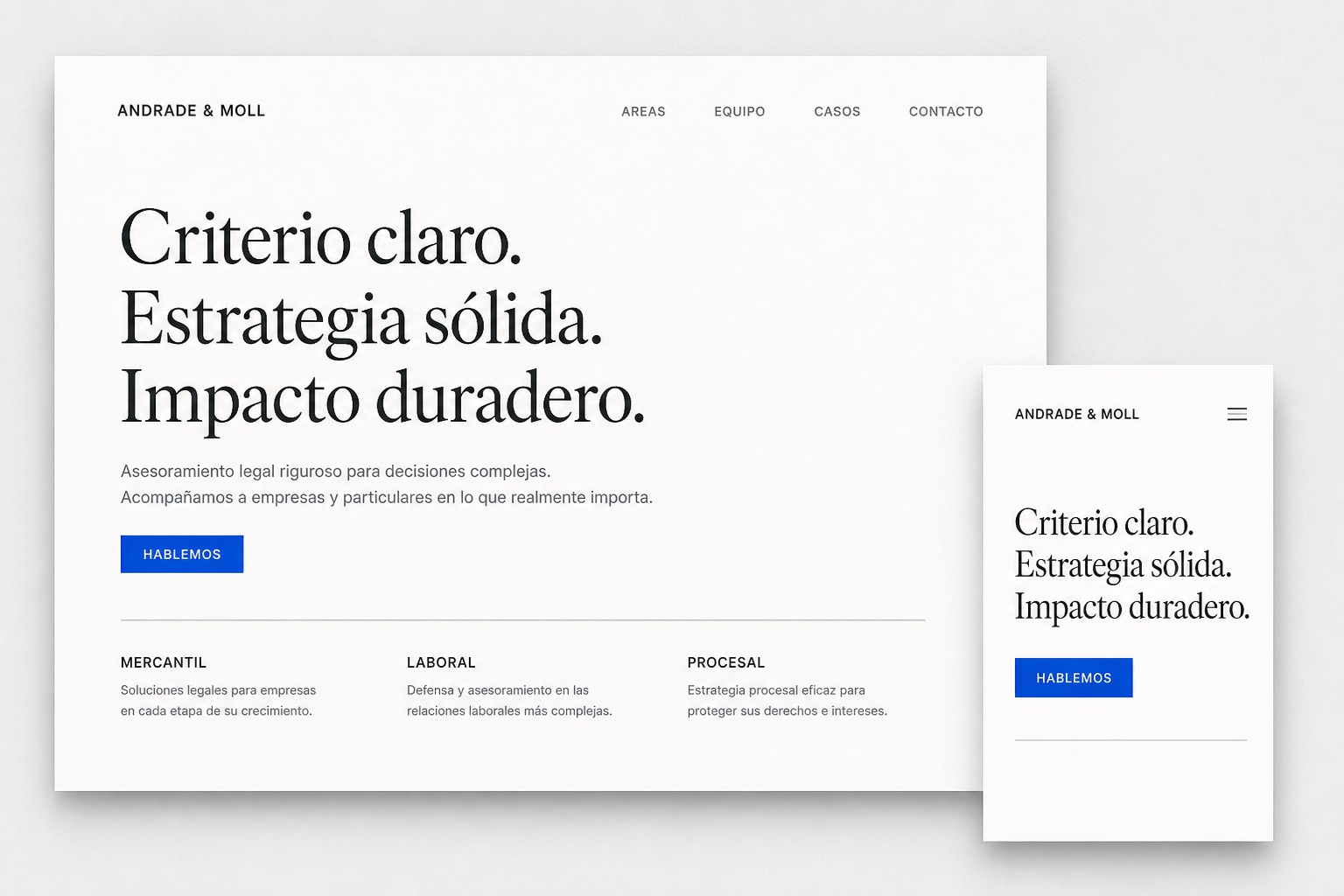 Composición de diseño de una web para un despacho de abogados: versión de escritorio y versión móvil con titular editorial, áreas de práctica y una única llamada a la acción.