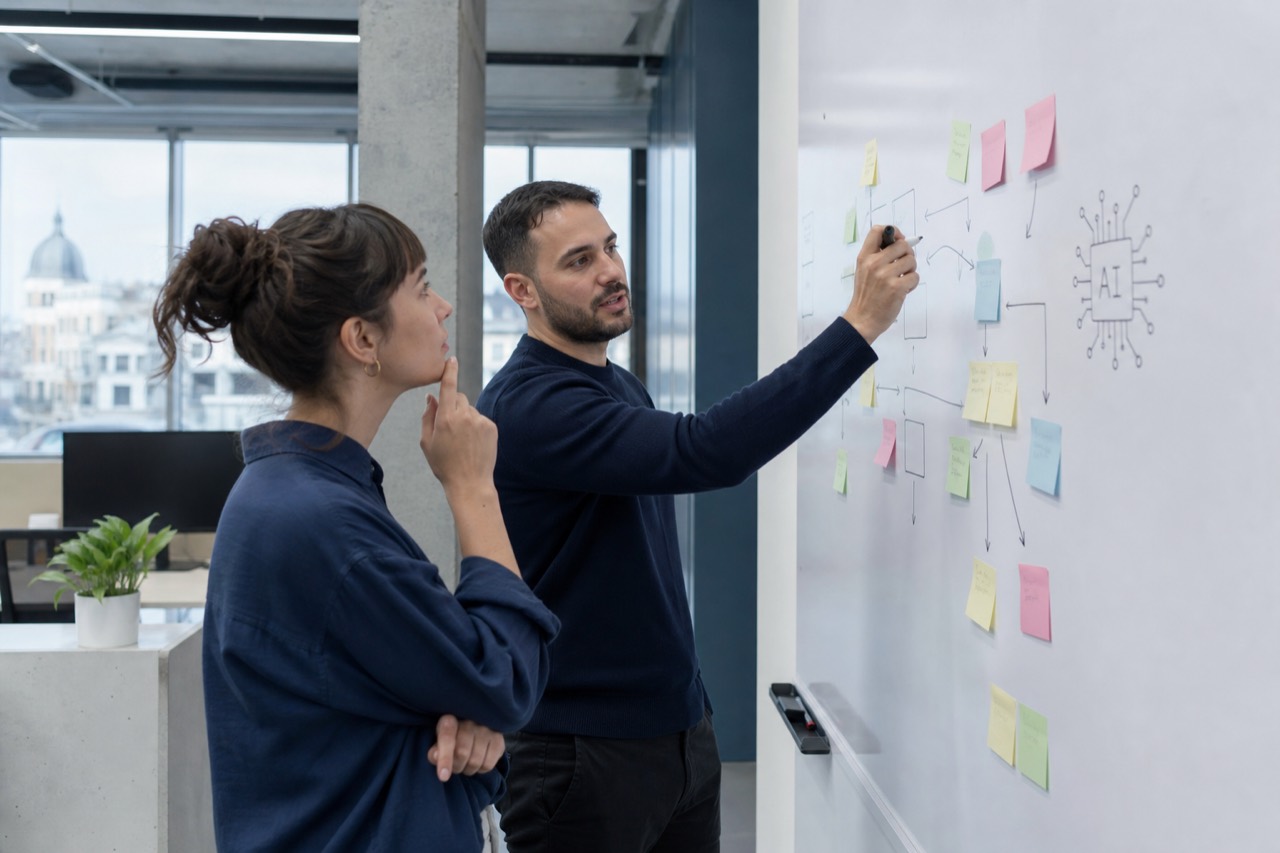 Two people map a process on a whiteboard up to an AI node