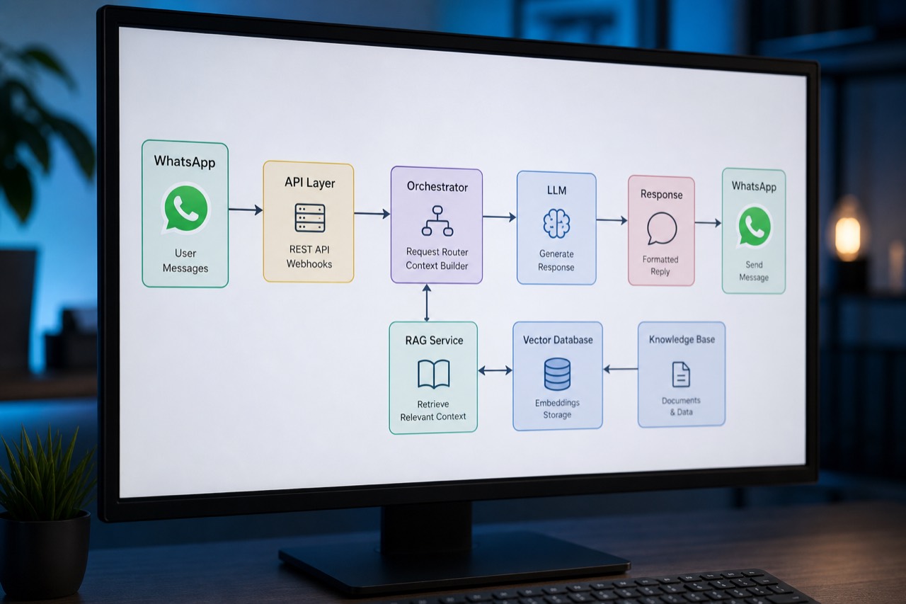Monitor showing an assistant architecture: WhatsApp, API, orchestrator, model and knowledge base