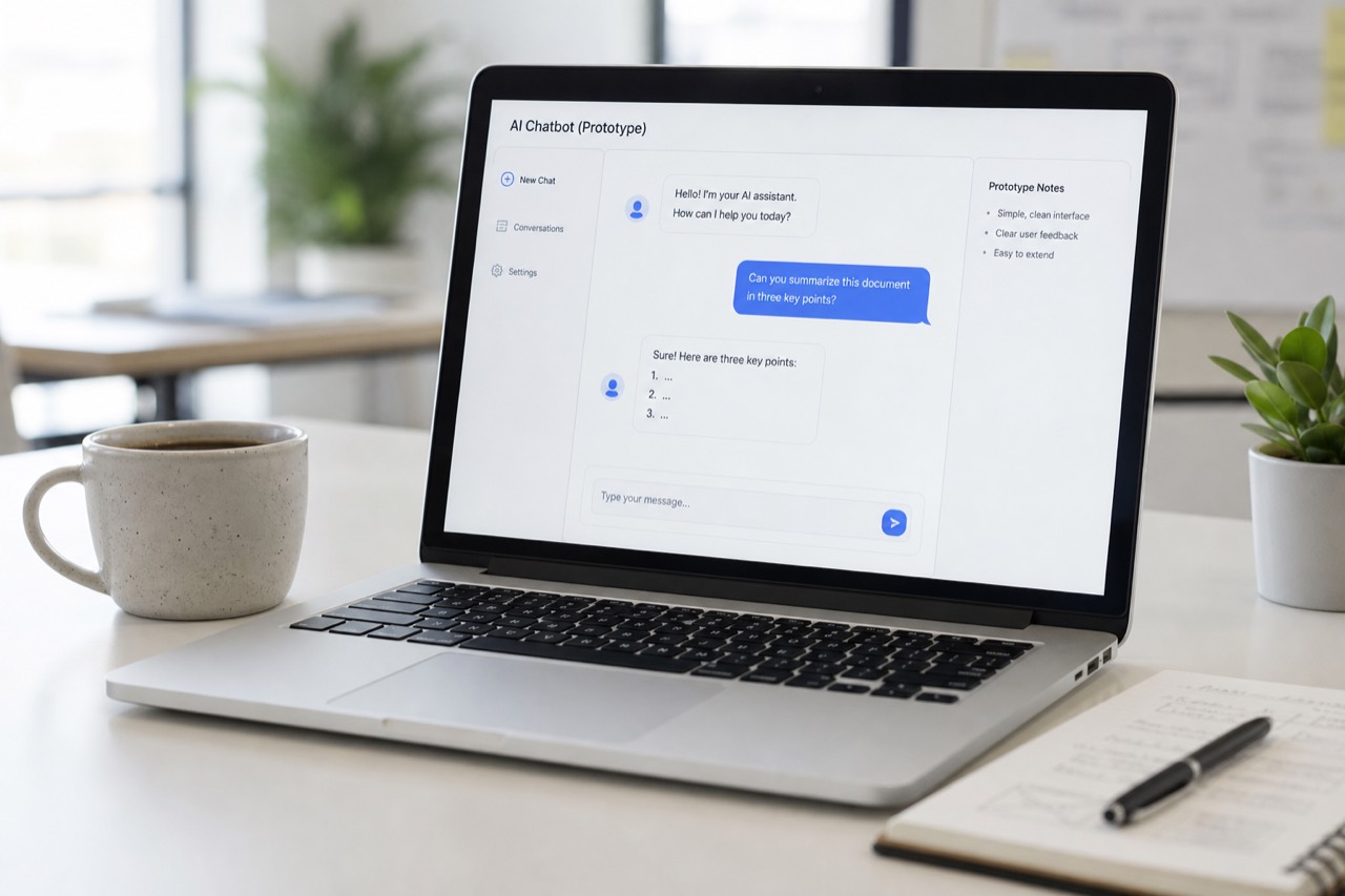 Laptop with a chatbot prototype that summarizes a document in three points