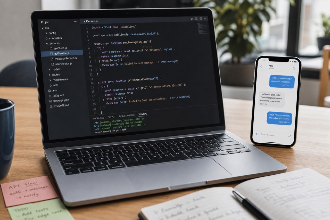 Laptop with the messages API code and a phone where the conversation arrives