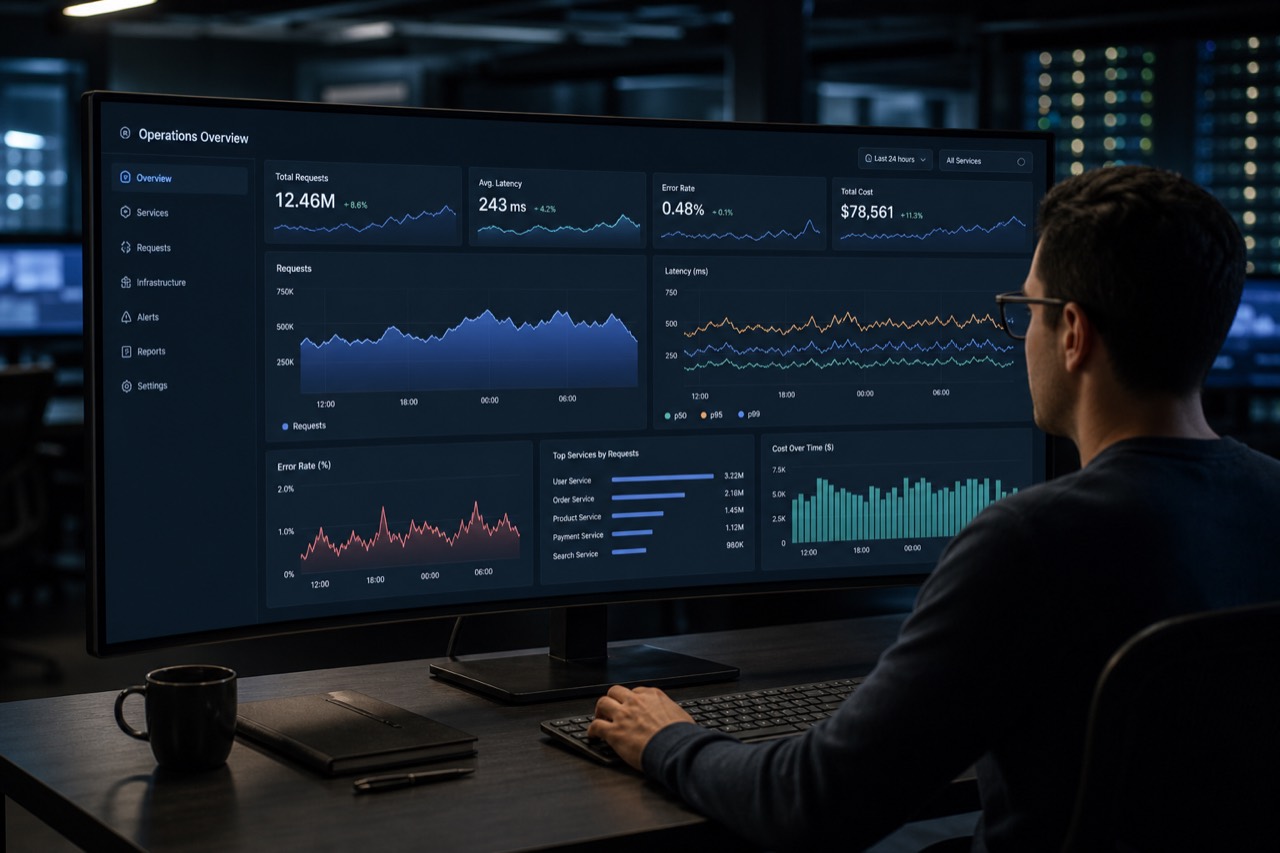 Production operations panel: requests, latency, error rate and cost