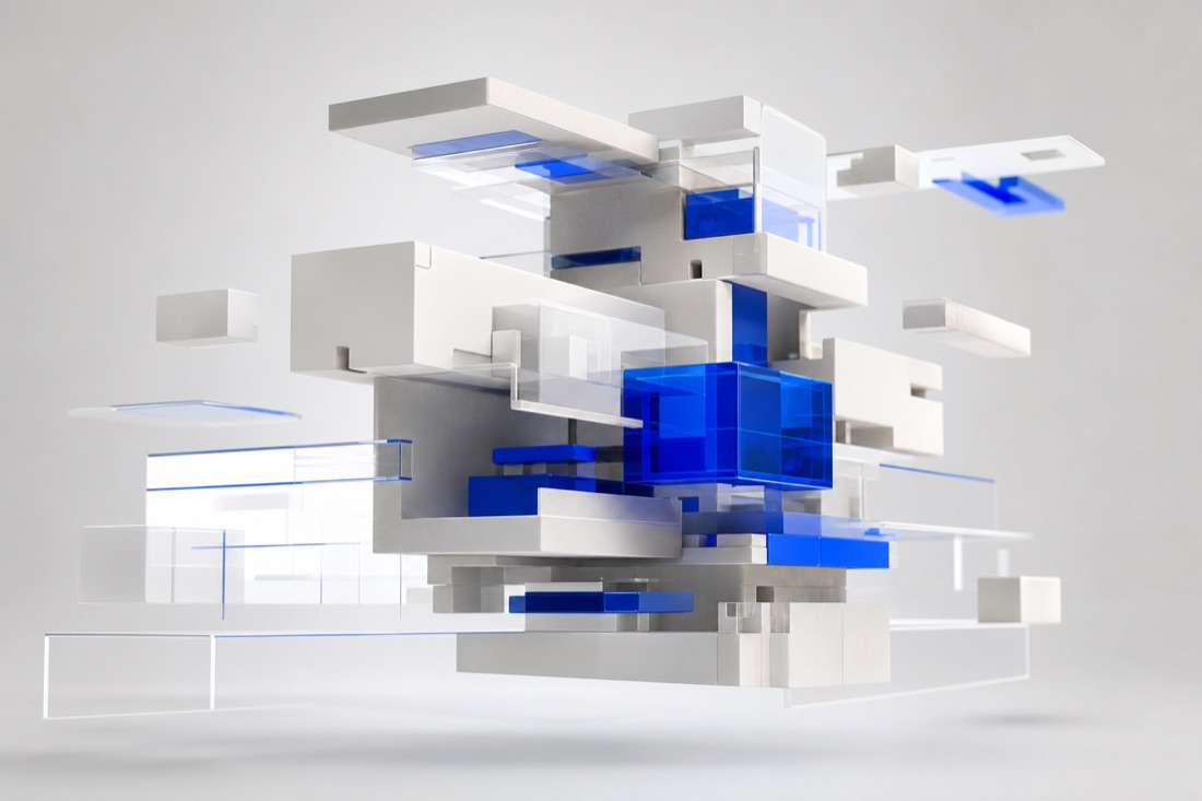 Bloques blancos y azules encajados en una estructura, la solución técnica ya definida