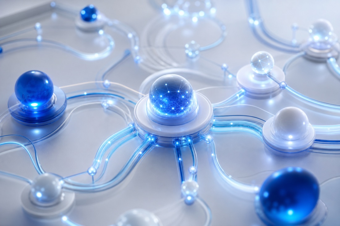 Nodos luminosos unidos por cables, sistemas e integraciones conectados entre sí